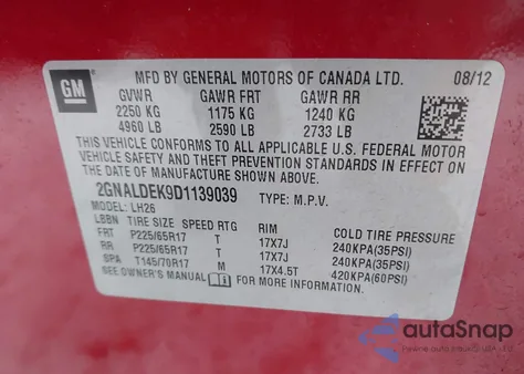 2013 Chevrolet Equinox 1Lt z USA, uszkodzony, nr VIN 2GNALDEK9D1139039